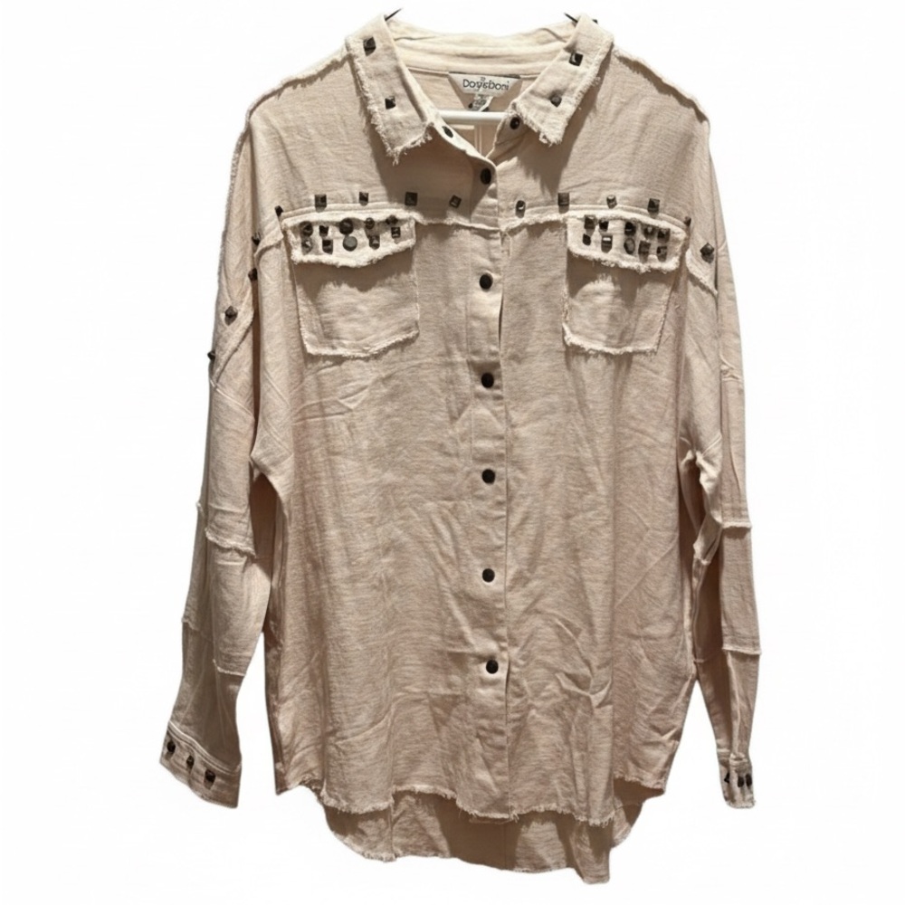 Davi & Dani Studded Raw Hem Shacket Shirt Jacket Ivory Cream Boho Edgy Small NWT